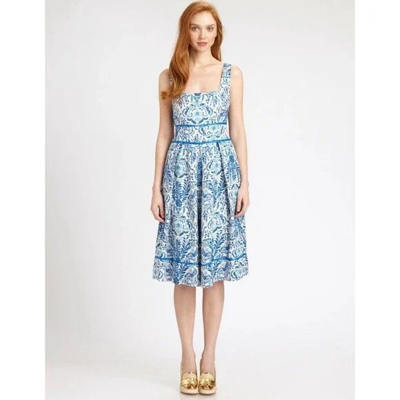 Tory Burch Ramona Fit & Flare Dress Floral Blue Silk Blend celeb Runway 12 $450 - Picture 7 of 16
